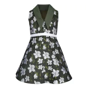 GIRLS ARMY GREEN DAMASK V-BACK COLLAR DRESS