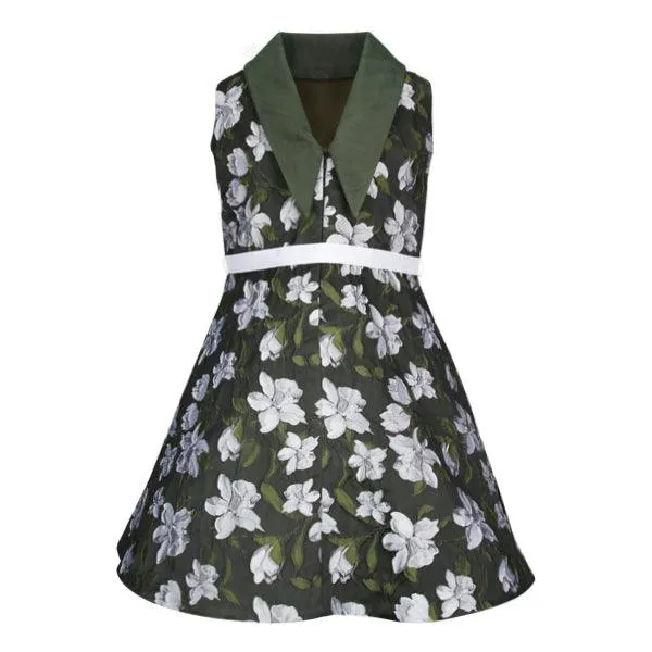 GIRLS ARMY GREEN DAMASK V-BACK COLLAR DRESS