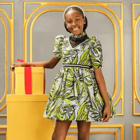 GIRLS GREEN ANKARA V NECK DRESS