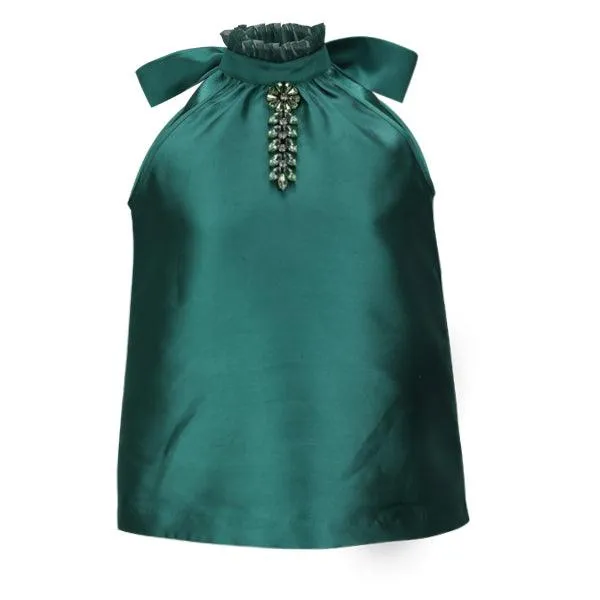 GIRLS GREEN SATIN AND DAMASK DRESS SET