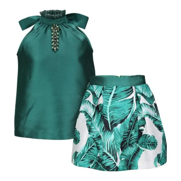 GIRLS GREEN SATIN AND DAMASK DRESS SET