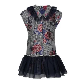 GIRLS MULTICOLOR FLORAL DAMASK DRESS WITH TULLE