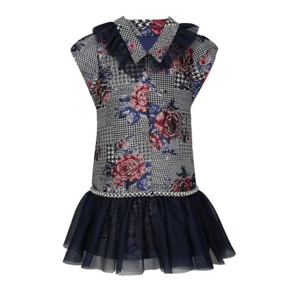 GIRLS MULTICOLOR FLORAL DAMASK DRESS WITH TULLE