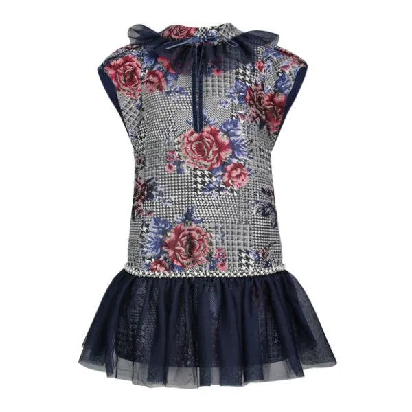 GIRLS MULTICOLOR FLORAL DAMASK DRESS WITH TULLE