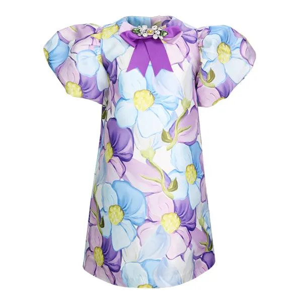 GIRLS SUNFLOWER A-LINE DRESS WITH PUFFED SLEEVES