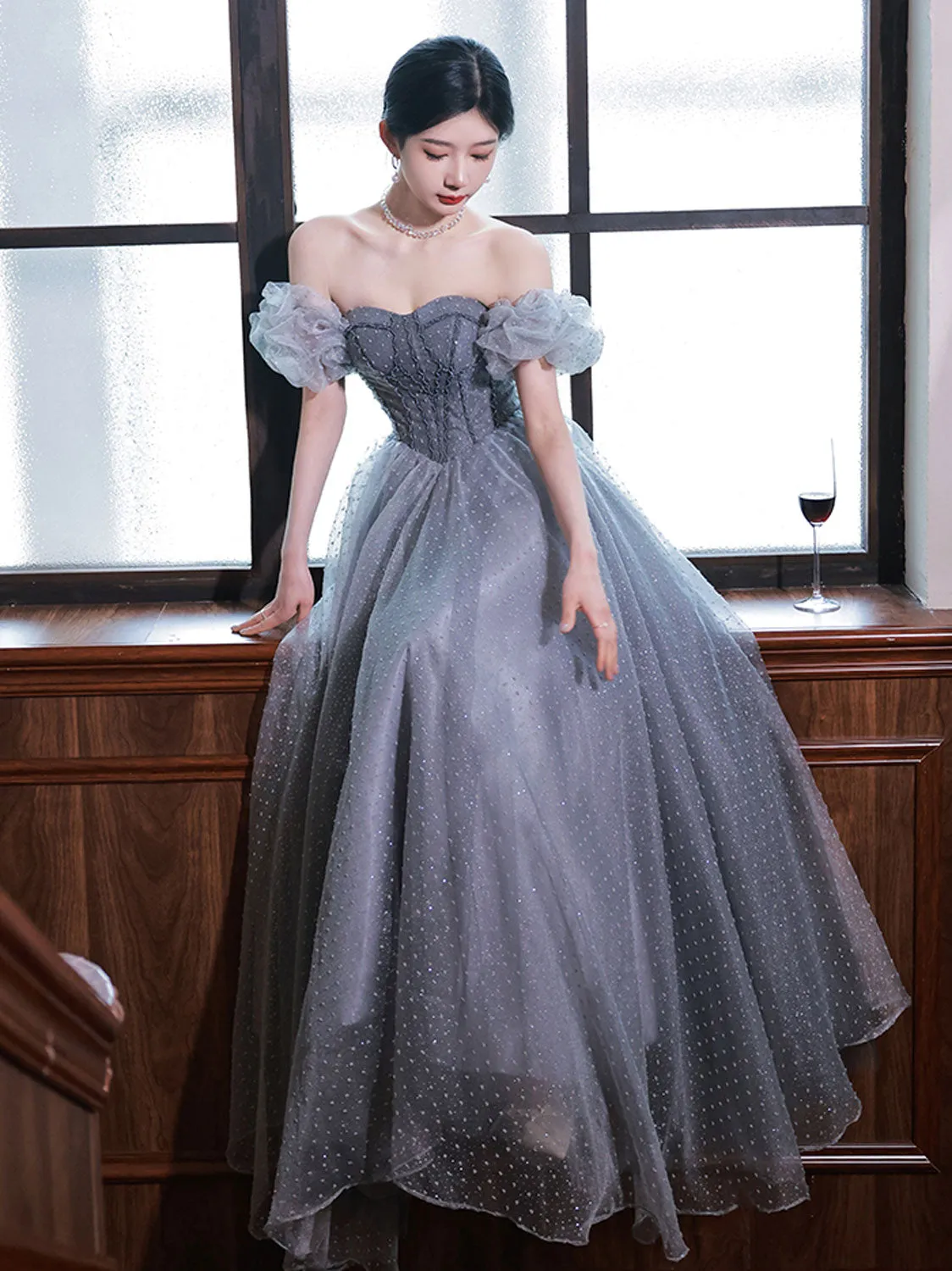 Gray Aline Tulle Gray Long Prom Dresses, Aline Gray Tulle Formal Evening Dresses