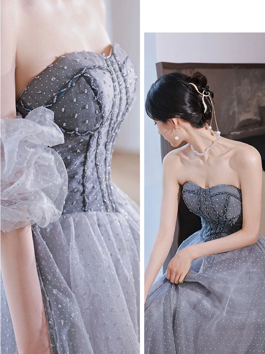 Gray Aline Tulle Gray Long Prom Dresses, Aline Gray Tulle Formal Evening Dresses