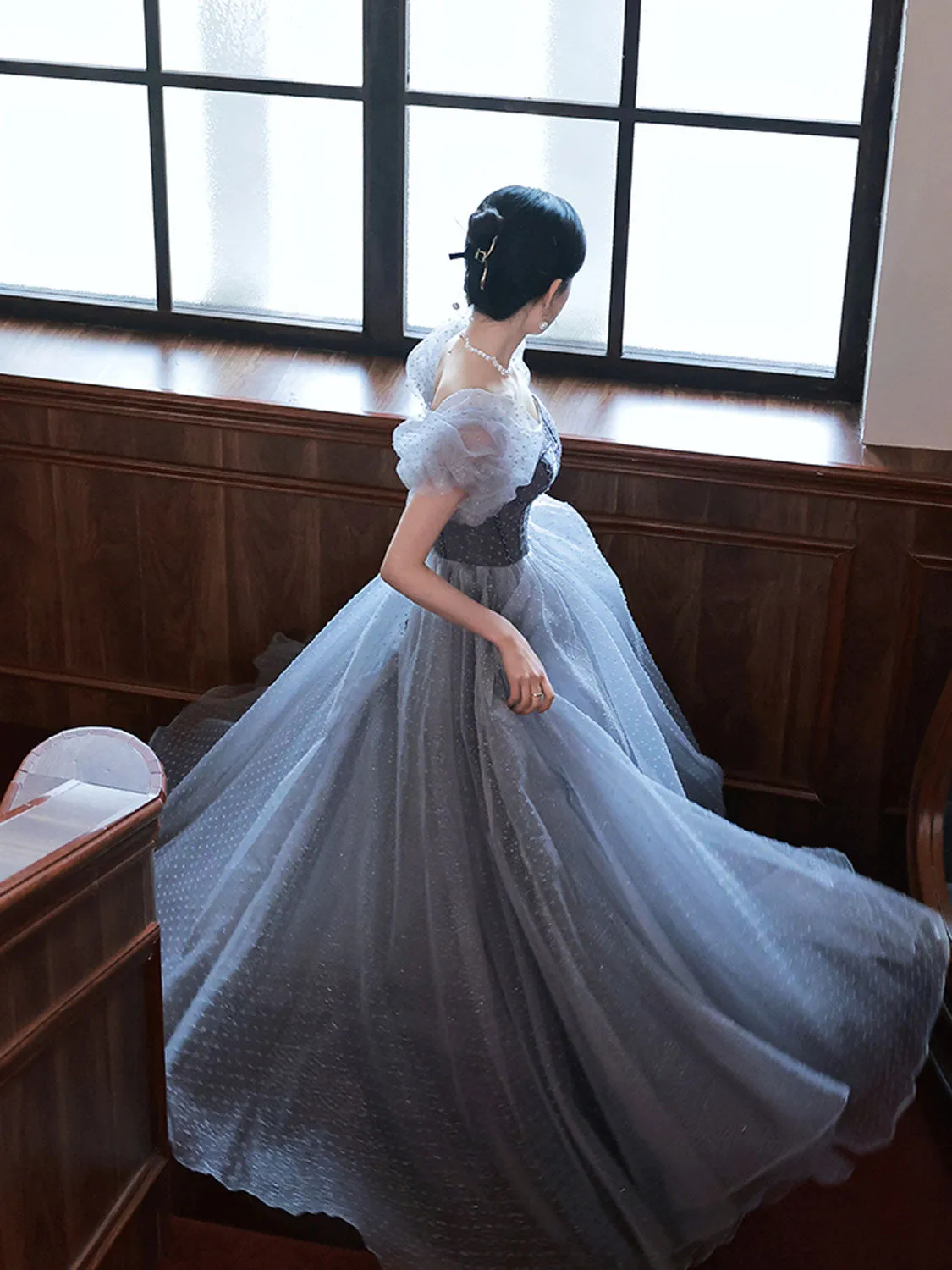 Gray Aline Tulle Gray Long Prom Dresses, Aline Gray Tulle Formal Evening Dresses