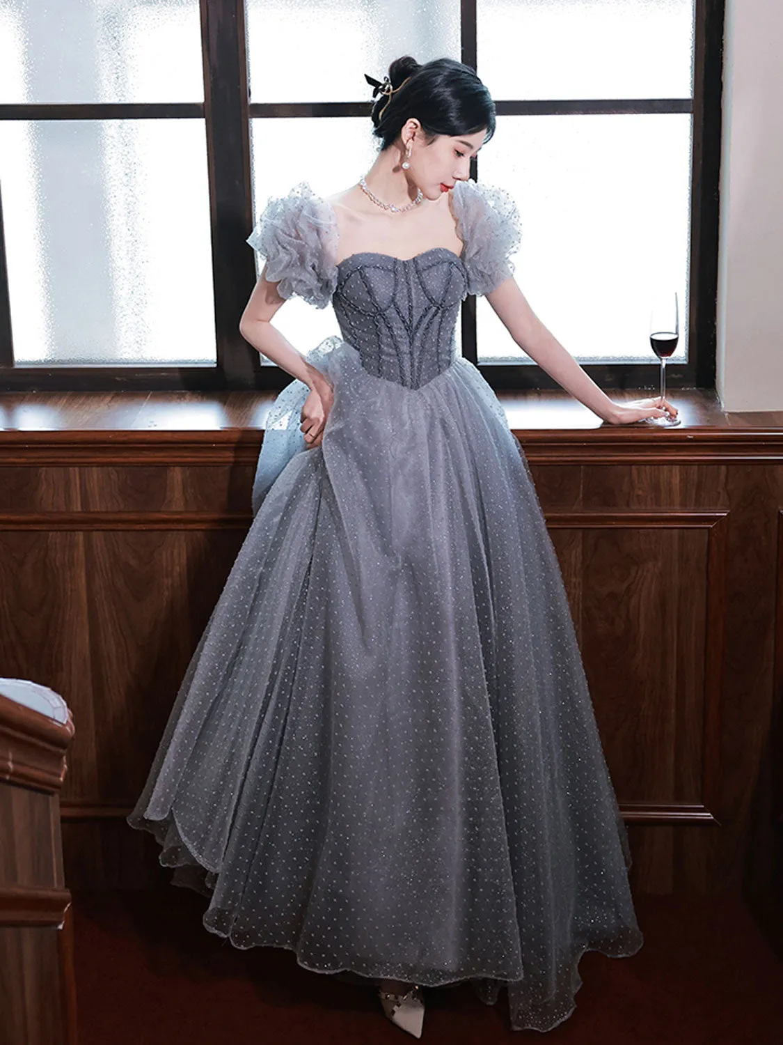 Gray Aline Tulle Gray Long Prom Dresses, Aline Gray Tulle Formal Evening Dresses