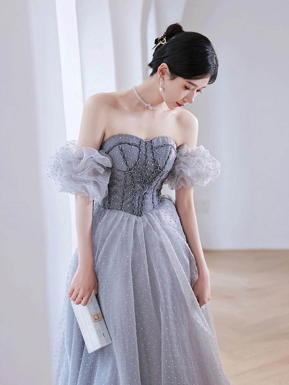 Gray Aline Tulle Gray Long Prom Dresses, Aline Gray Tulle Formal Evening Dresses