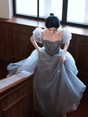 Gray Aline Tulle Gray Long Prom Dresses, Aline Gray Tulle Formal Evening Dresses