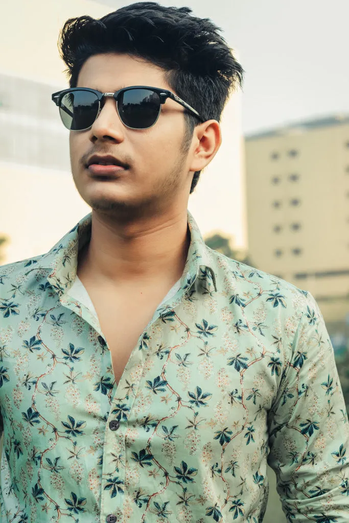Green Leaves Digital Printed Party Wear Slim Fit Giza Cotton Shirt