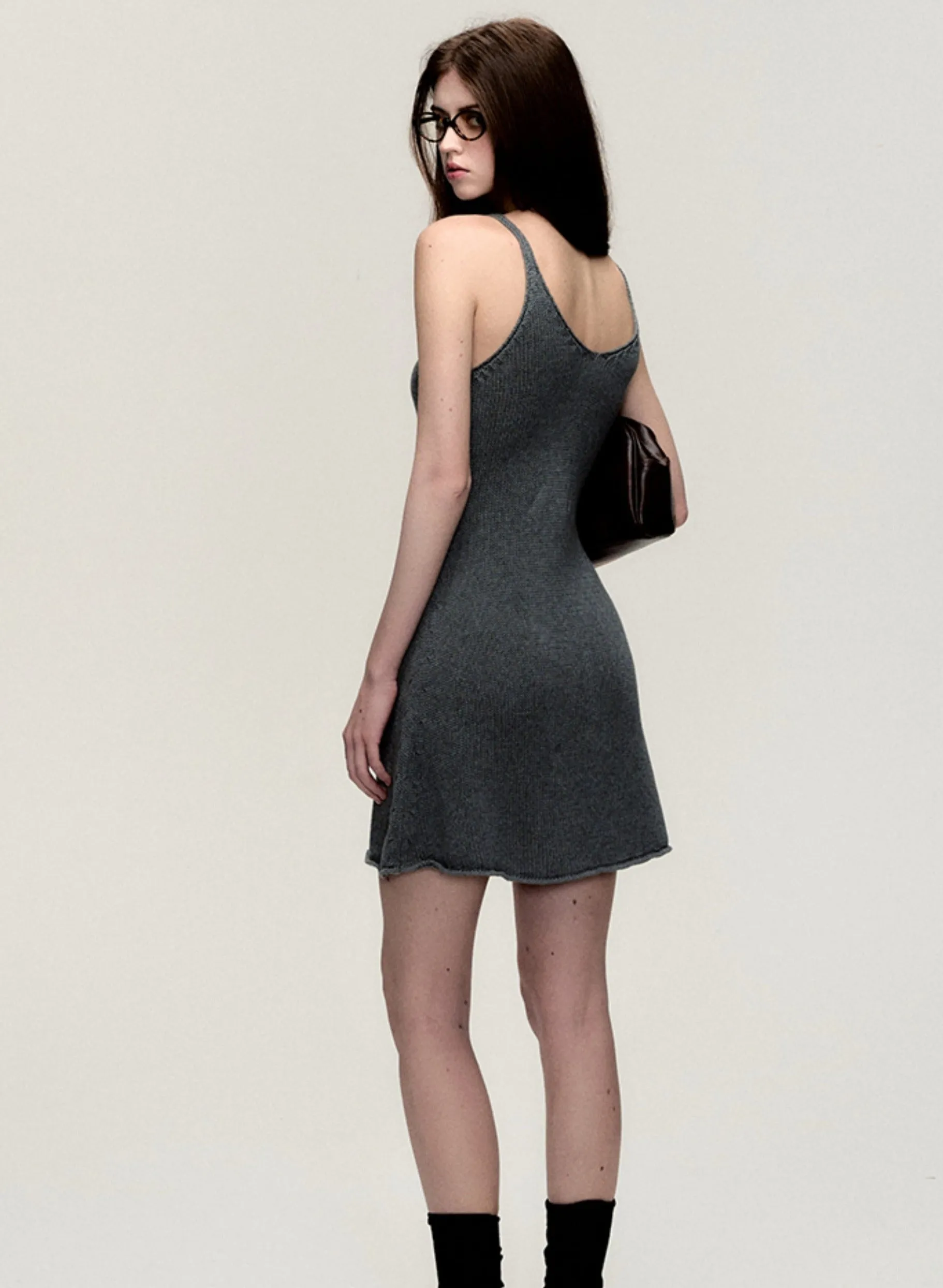 Grey V-Neck Knitted Slip Dress