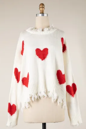 HEART PATTERN DISTRESSED HEM CABLE KNIT SWEATER