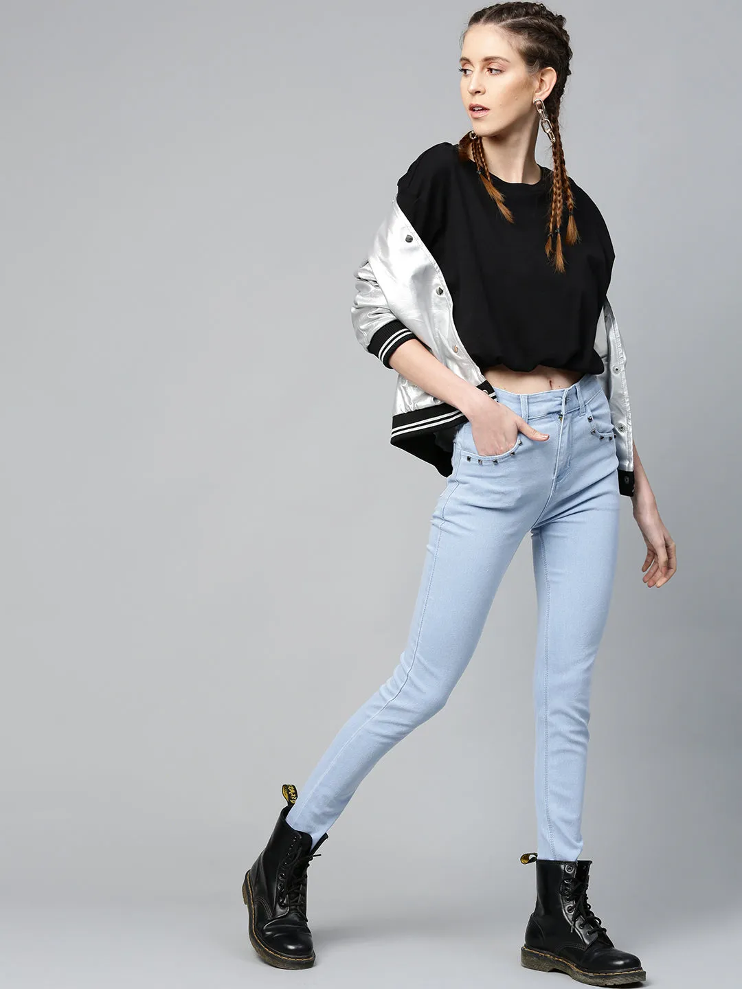 Ice Blue Pearl Studded Pocket Jeans