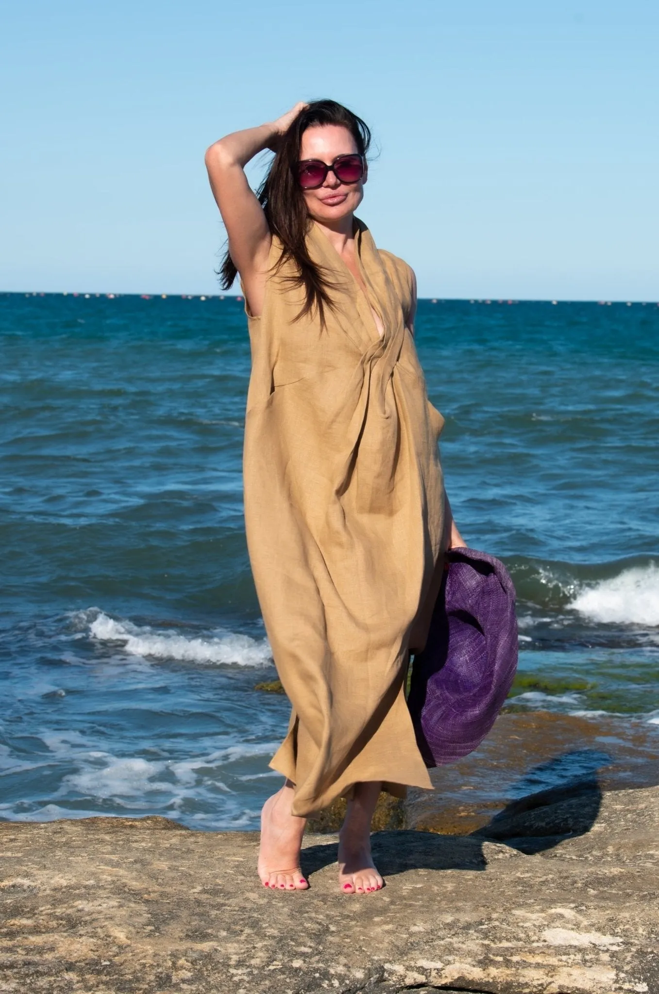 IVETA Linen V Neck Dress