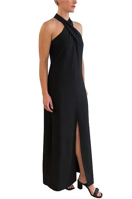 Julia Jordan Crisscross Halter Neck Sleeveless Front Slit Open Back Crepe Dress