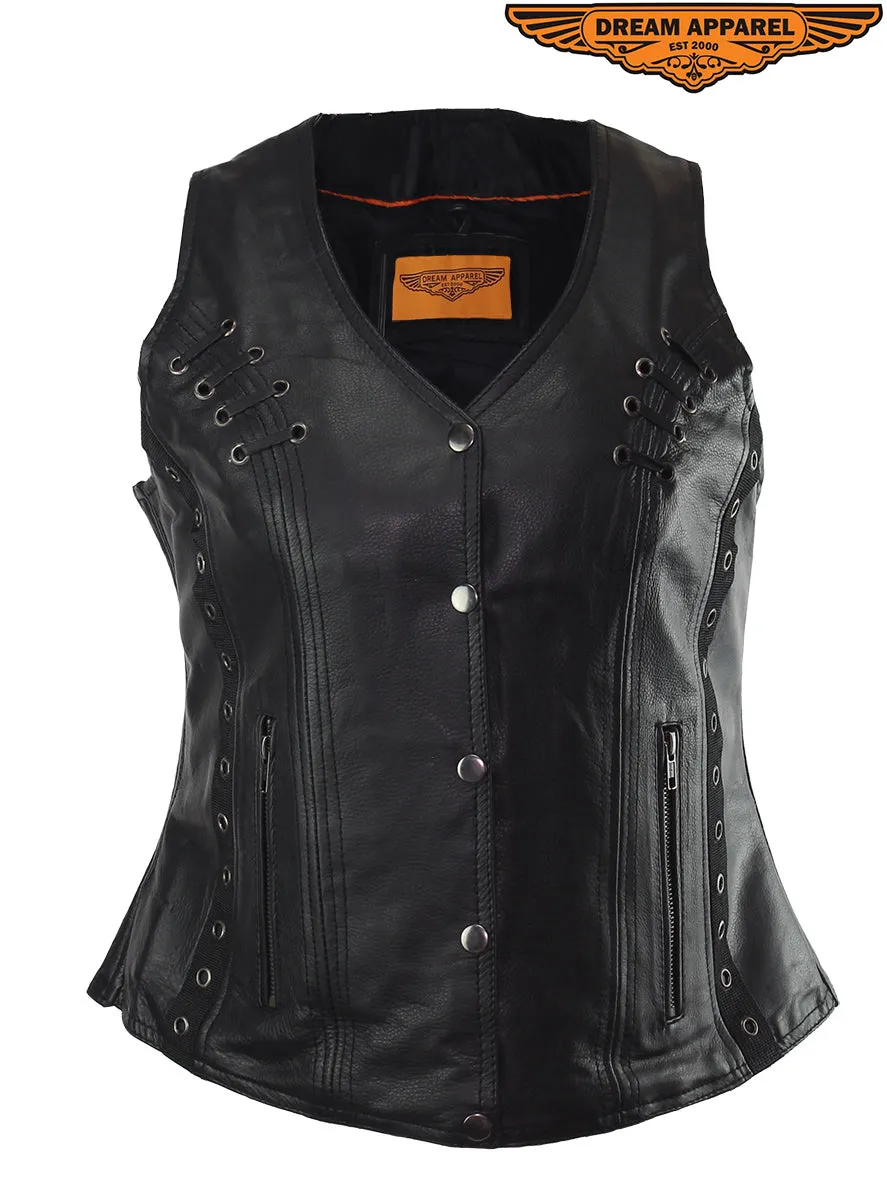 Ladies Naked Cowhide Leather Vest W/ Concealed Gun Pockets