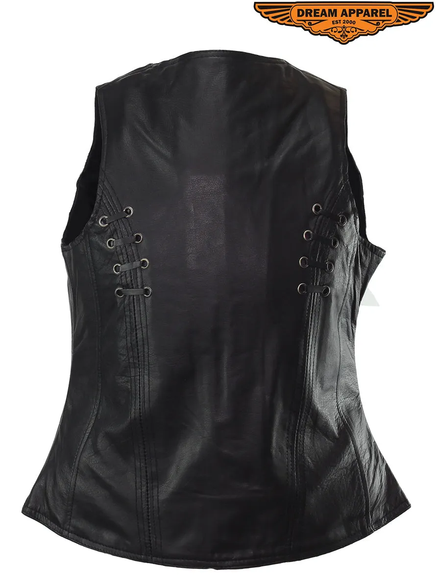Ladies Naked Cowhide Leather Vest W/ Concealed Gun Pockets