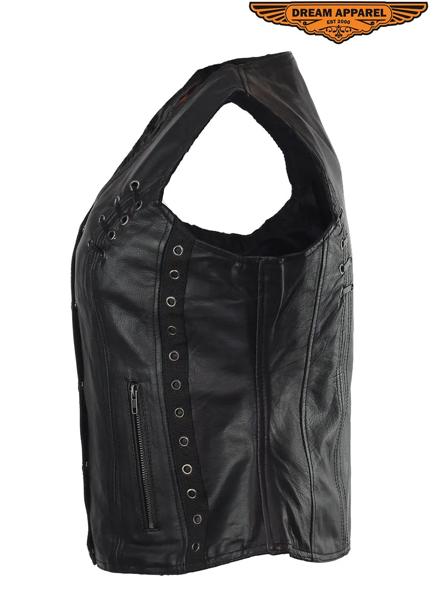 Ladies Naked Cowhide Leather Vest W/ Concealed Gun Pockets