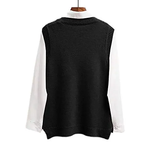 Lailezou Women's V Neck Knit Sweater Vest Argyle Plaid Preppy Style Sleeveless Crop Knitwear Tank Black