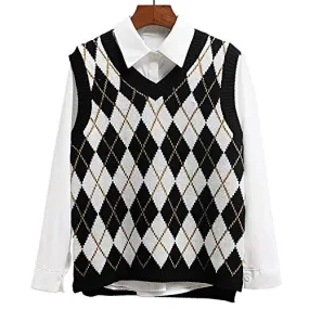 Lailezou Women's V Neck Knit Sweater Vest Argyle Plaid Preppy Style Sleeveless Crop Knitwear Tank Black