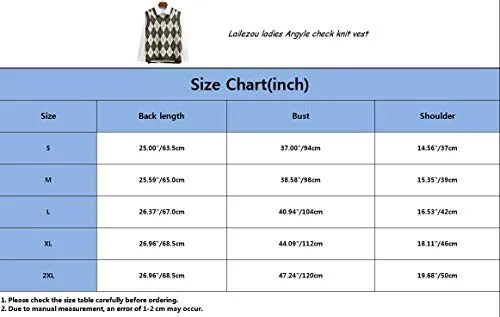 Lailezou Women's V Neck Knit Sweater Vest Argyle Plaid Preppy Style Sleeveless Crop Knitwear Tank Black