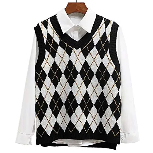 Lailezou Women's V Neck Knit Sweater Vest Argyle Plaid Preppy Style Sleeveless Crop Knitwear Tank Black