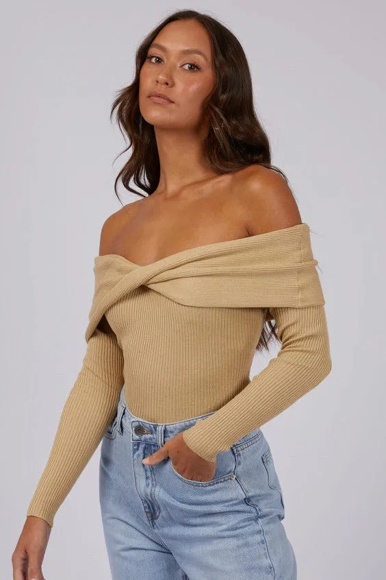 Livia Oat Rib Knit Off Shoulder Top
