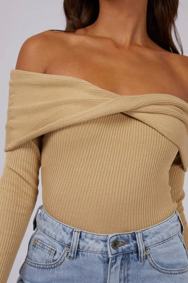 Livia Oat Rib Knit Off Shoulder Top