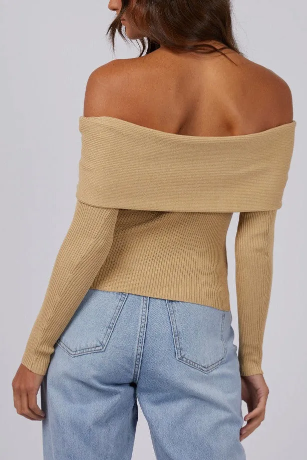 Livia Oat Rib Knit Off Shoulder Top