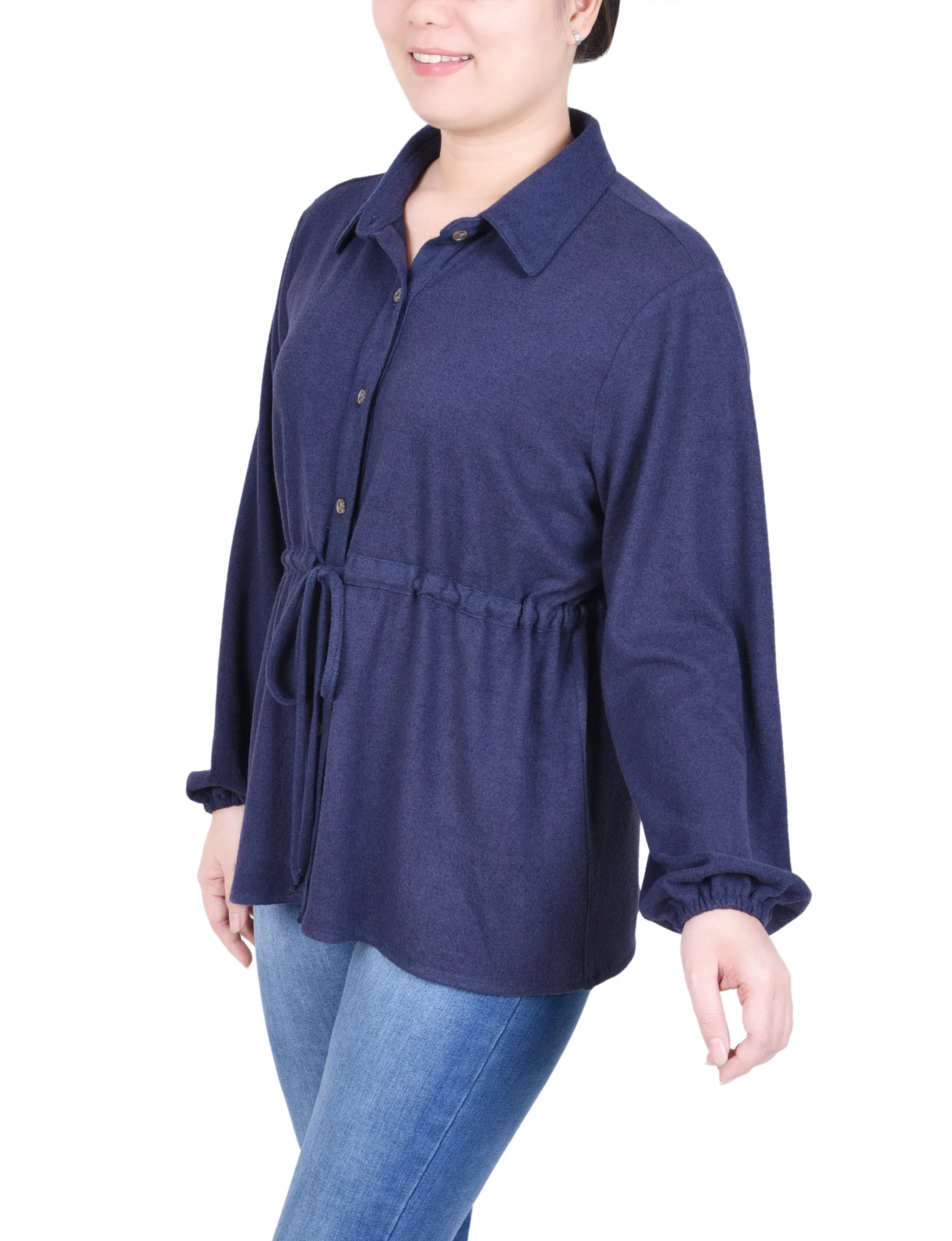 Long Dolman Sleeve Drawstring-Waist Tunic Top