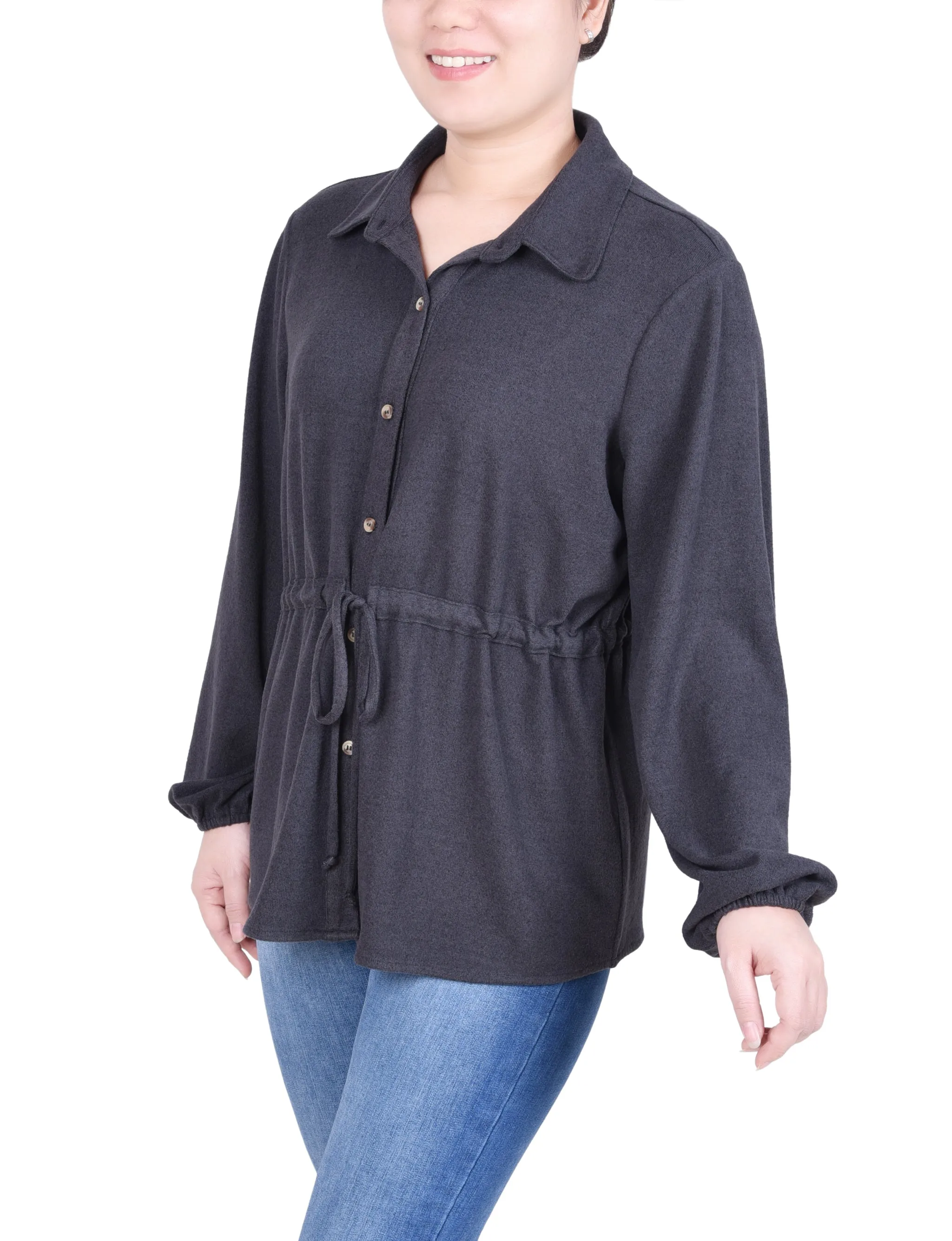 Long Dolman Sleeve Drawstring-Waist Tunic Top