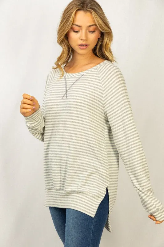 Long Sleeve Knit Top - gray stripe