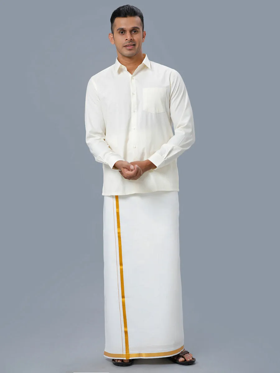 Men Cotton Gold Jari 1/2" inch Double Dhoti with Full Sleeves Cream Shirt Combo