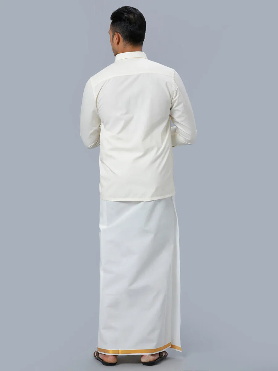 Men Cotton Gold Jari 1/2" inch Double Dhoti with Full Sleeves Cream Shirt Combo