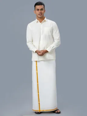 Men Cotton Gold Jari 1/2" inch Double Dhoti with Full Sleeves Cream Shirt Combo