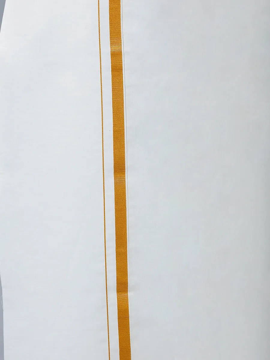 Men Cotton Gold Jari 1/2" inch Double Dhoti with Full Sleeves Cream Shirt Combo
