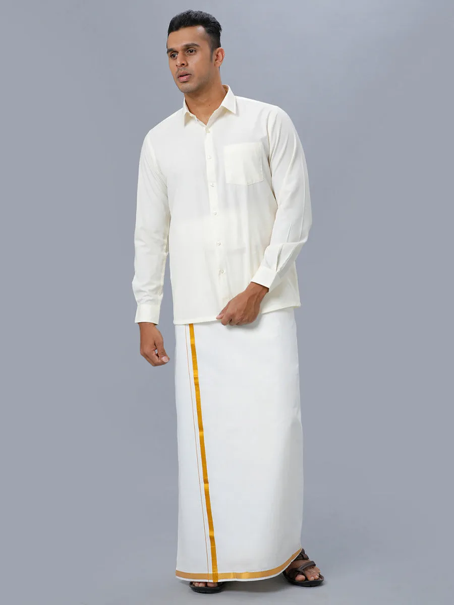 Men Cotton Gold Jari 1/2" inch Double Dhoti with Full Sleeves Cream Shirt Combo