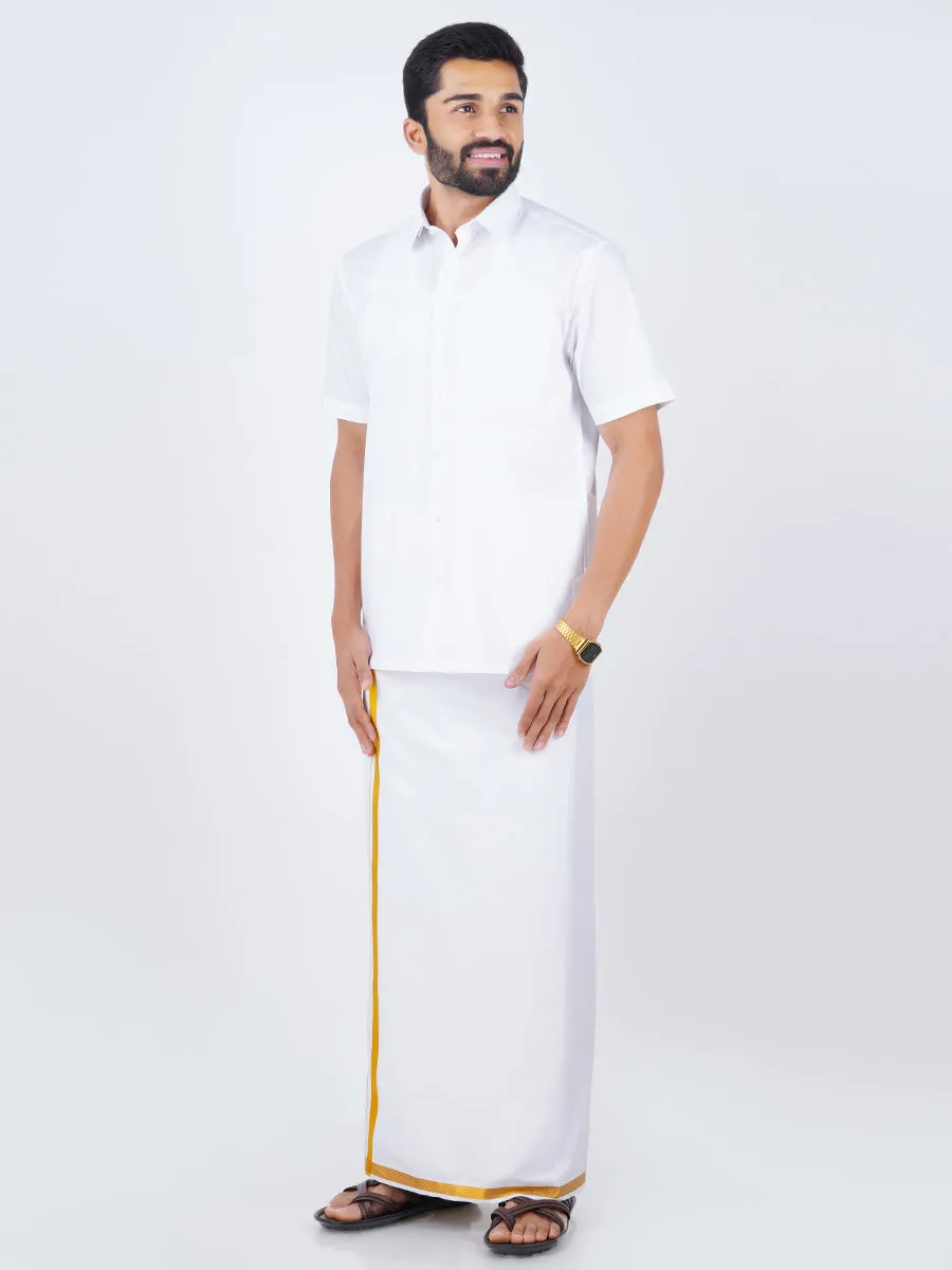 Men Cotton White Half Sleeves Shirt with 3/4" inch Jari Dhoti