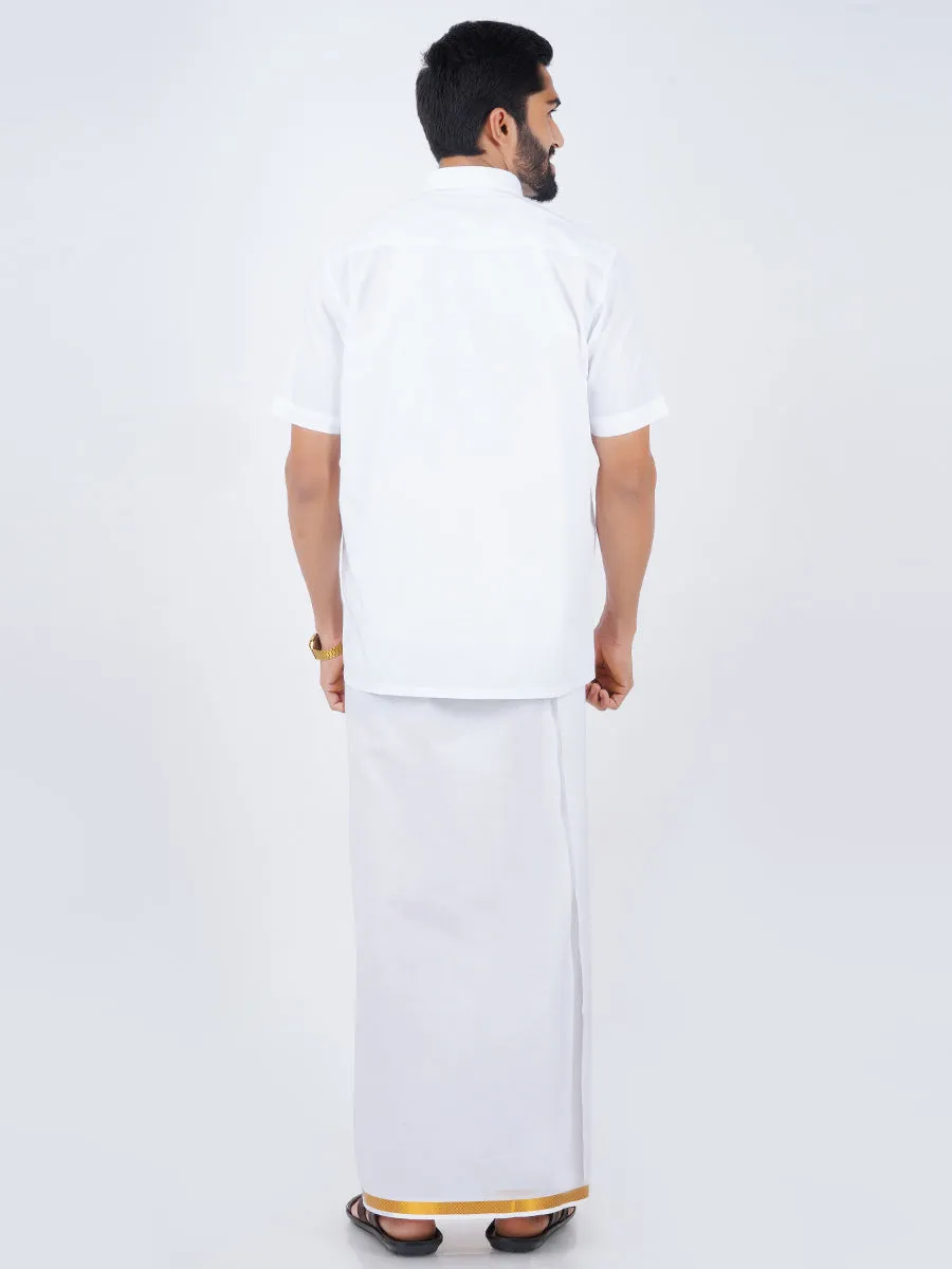 Men Cotton White Half Sleeves Shirt with 3/4" inch Jari Dhoti