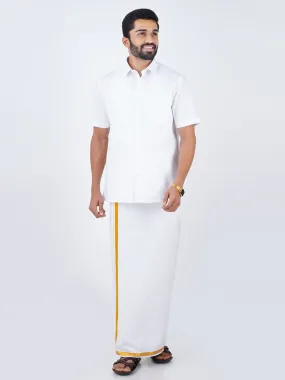 Men Cotton White Half Sleeves Shirt with 3/4" inch Jari Dhoti