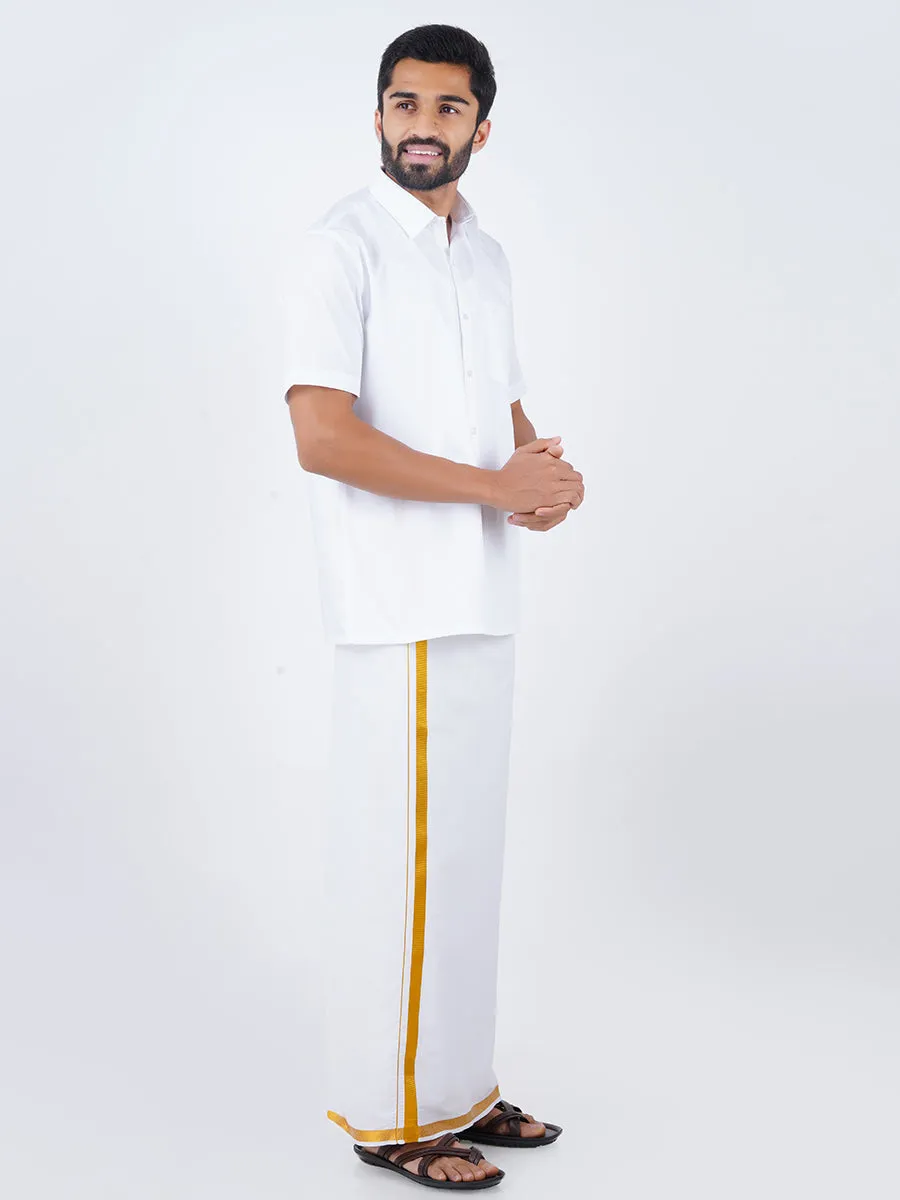 Men Cotton White Half Sleeves Shirt with 3/4" inch Jari Dhoti