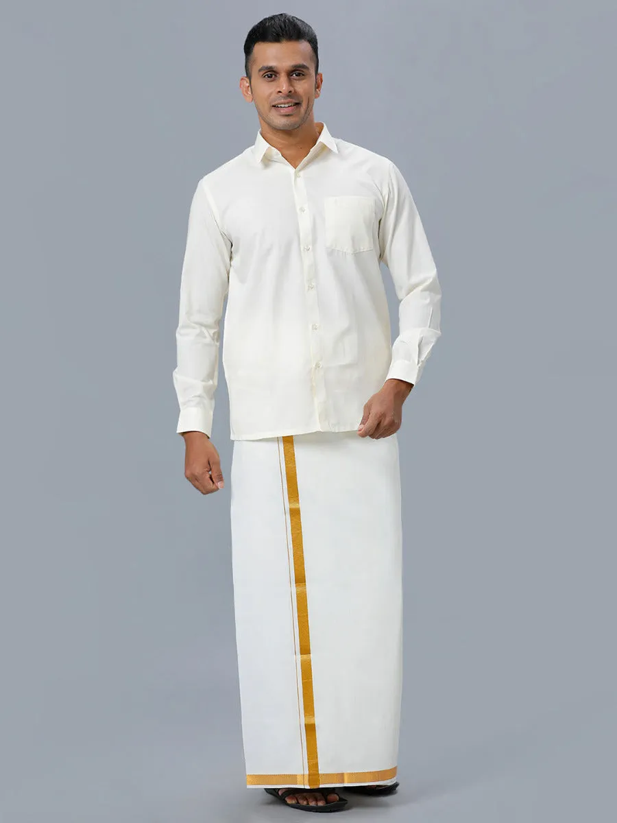 Men Full Sleeves Cream Shirt with Gold Jari 1" inch Single Dhoti Combo