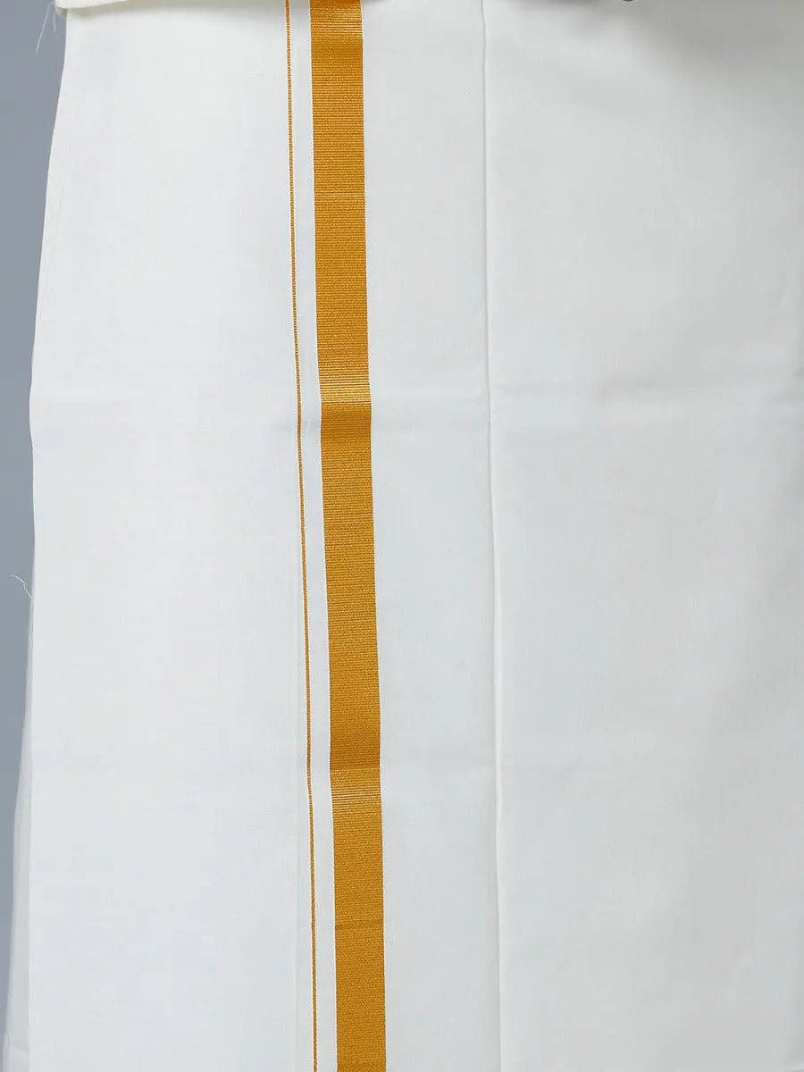 Men Full Sleeves Cream Shirt with Gold Jari 1" inch Single Dhoti Combo