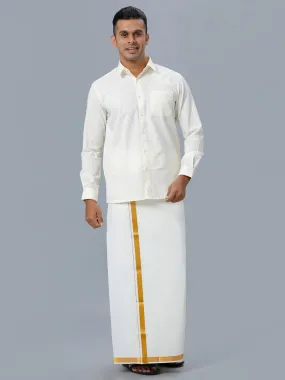 Men Full Sleeves Cream Shirt with Gold Jari 1" inch Single Dhoti Combo