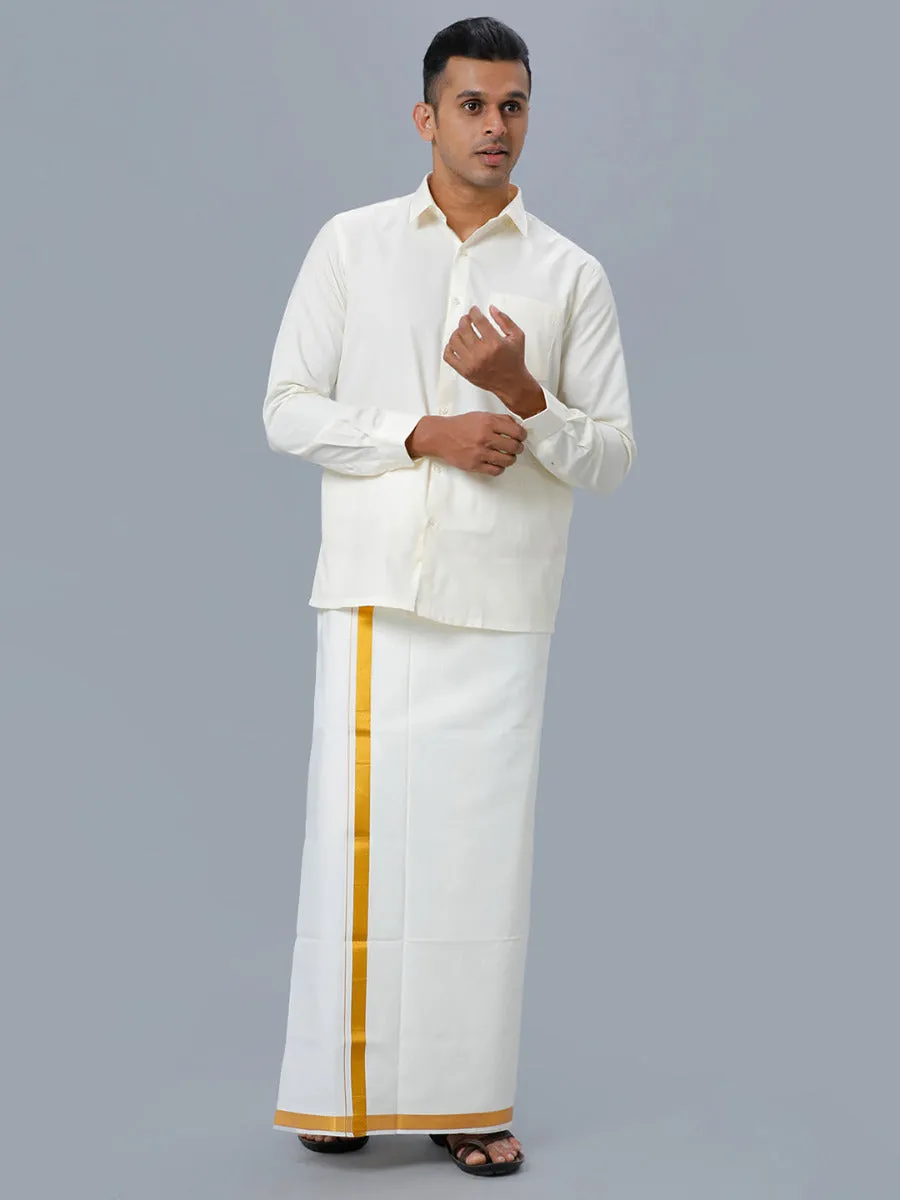 Men Full Sleeves Cream Shirt with Gold Jari 1" inch Single Dhoti Combo