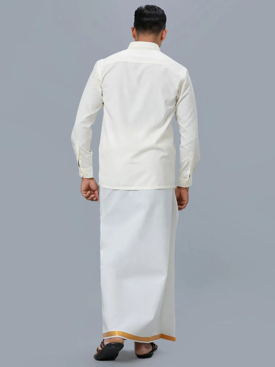 Men Full Sleeves Cream Shirt with Gold Jari 1" inch Single Dhoti Combo