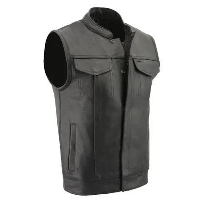 Milwaukee Leather LKM3713 Men's Leather Open Neck Snap and Zip Front Club Style Vest with Quick Draw Pocket