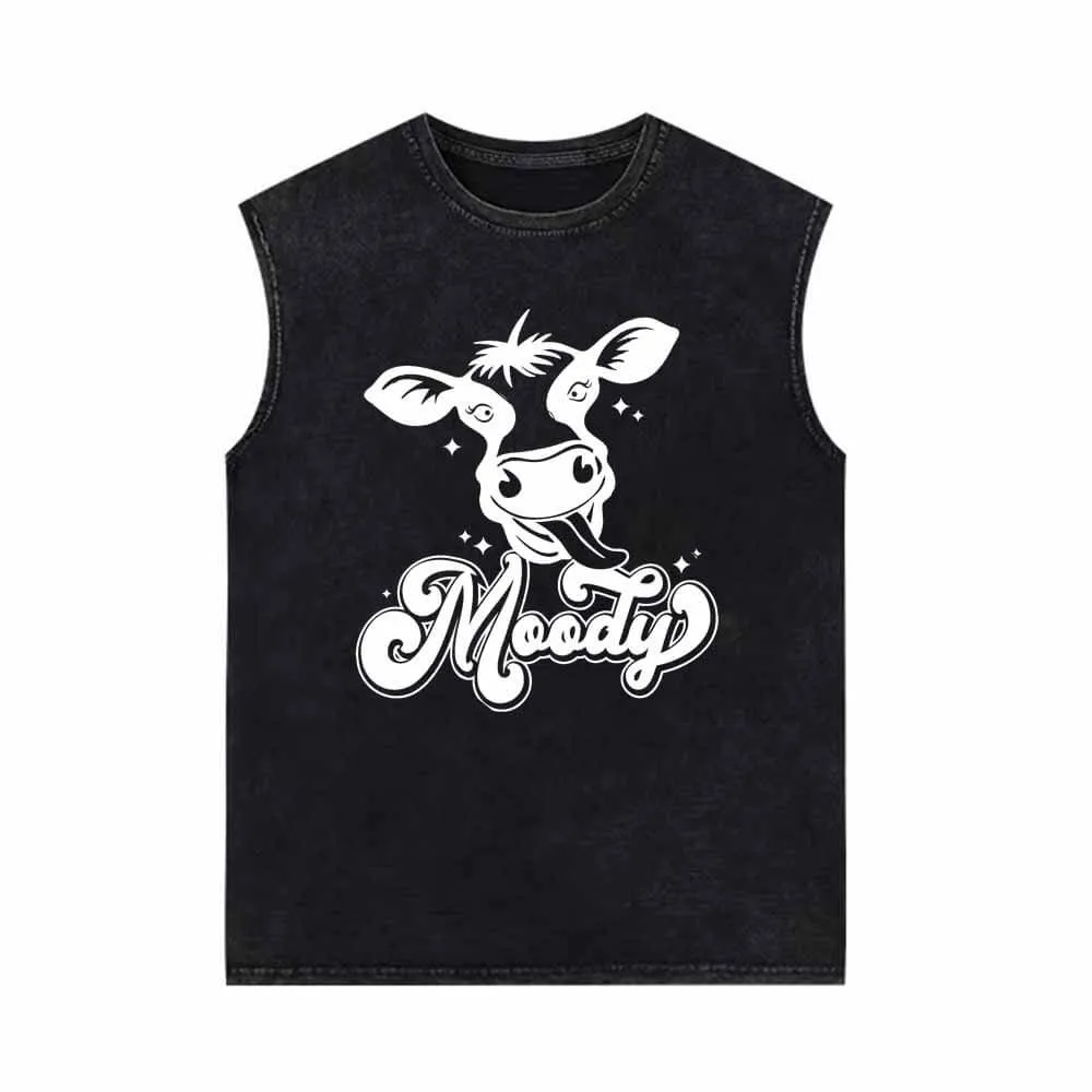 Moody Cow Head Vintage Washed Vest Top